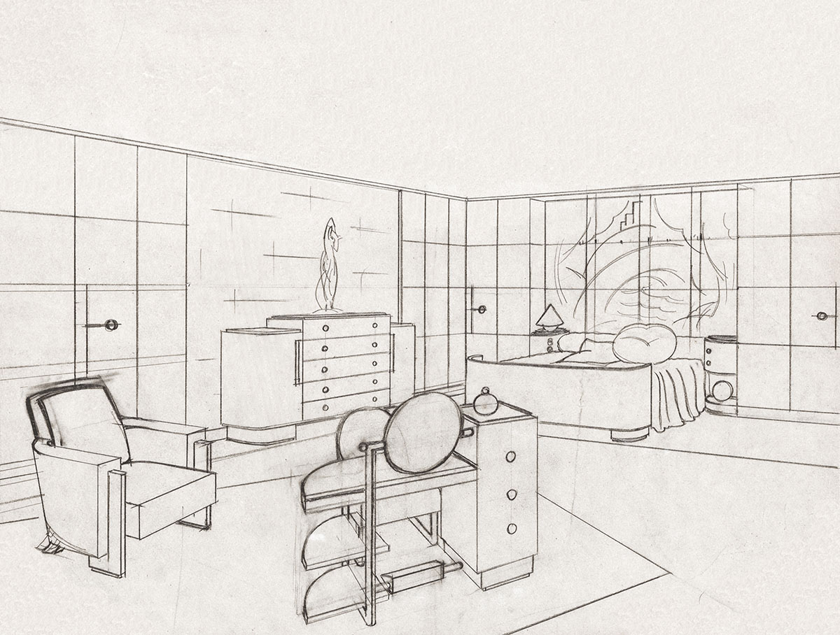Sketch of bedroom with bed, vector wall mural • murals sleep, outline, view  | myloview.com